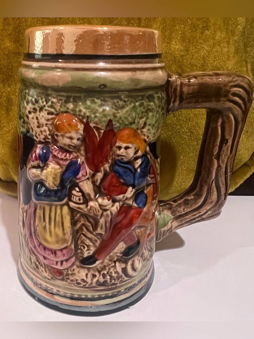VTG German Ceramic Beer Stein Handpainted with Multicolor Figurine 3D Relief